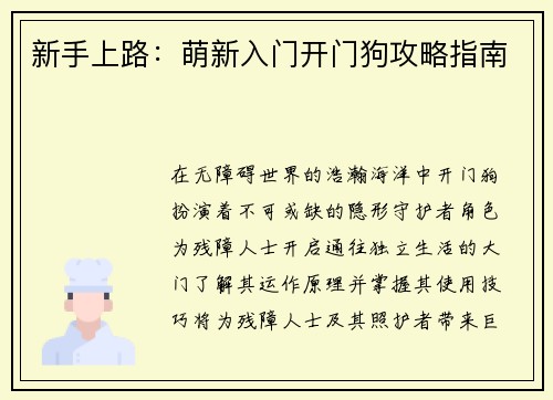 新手上路：萌新入门开门狗攻略指南